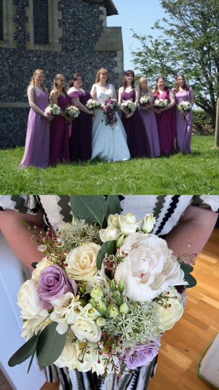 Bridesmaids Bouquets with white and lilac flowers in an oval shape