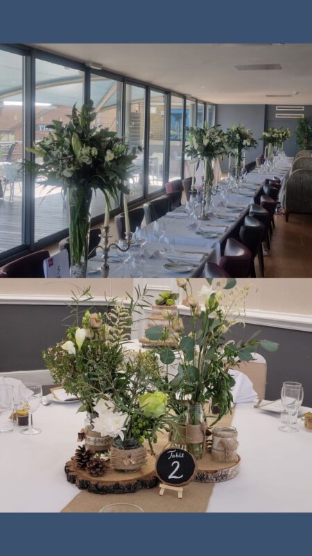 Centrepieces with flowers. The top image has tall vases full of lillies, the bottom is jam jars on a log full of white roses and greenery.