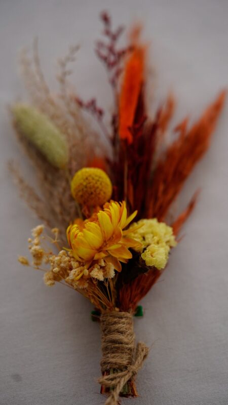 Autumnal Boho Buttonhole. Orange and yellow colours. All dried flowers.