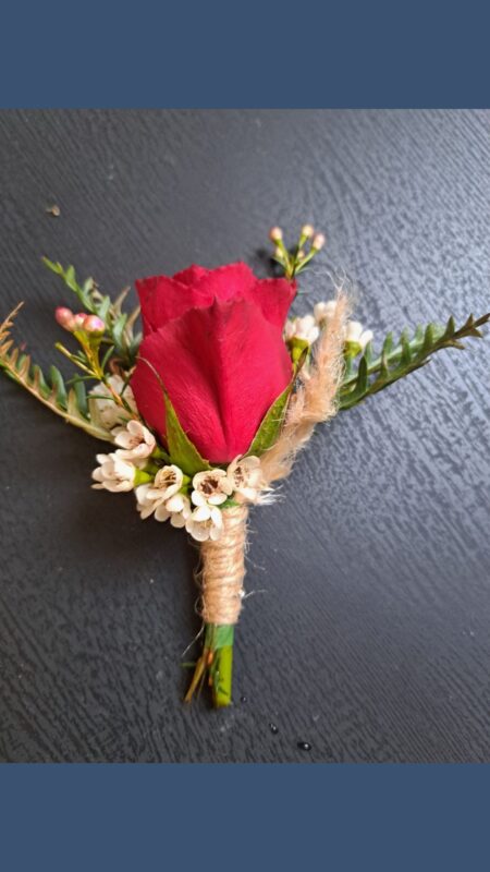 Red Rose Buttonhole with Waxflower