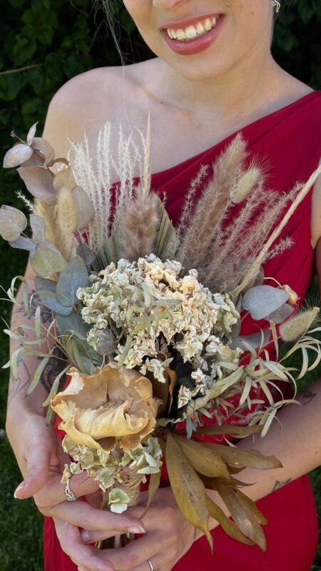 Dried Flower Bridesmaid Bouquet with wood chip flowers, dried hydrangea and pampas grass.
