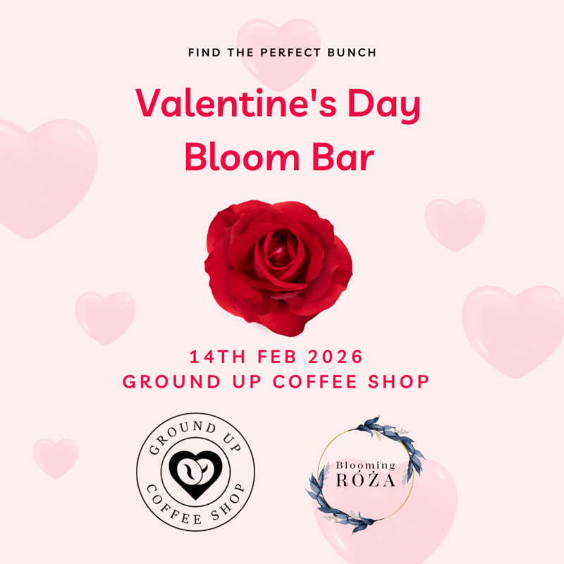 Valentine's Day Bloom Bar at Ground Up Coffee Shop with Blooming Roza.